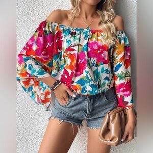 Bold Floral Off Shoulder Blouse – Boutique NWT – Large (Last One!)